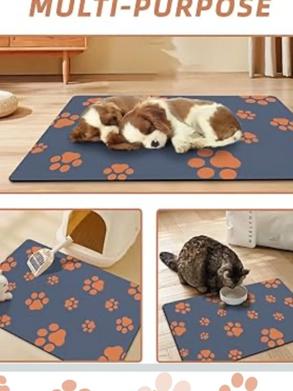 Non-Slip Dog CatFeeding Mat - Gray Orange Paw Prints NWT